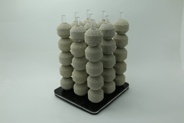 •“Acrylic Bio Sphere Ball Stand for ceramic media”
•“Top-down view of acrylic frag media holder”
•“Bio media stand inside reef sump made of acrylic”