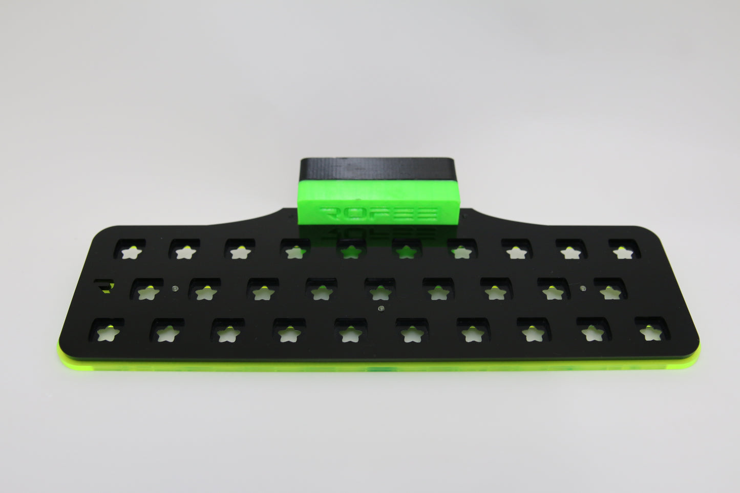 •“Top view of 29 plug coral frag rack with acrylic build”
•“Magnetic acrylic frag rack with locking insert”
•“Side view showing frag plug holes and color options”