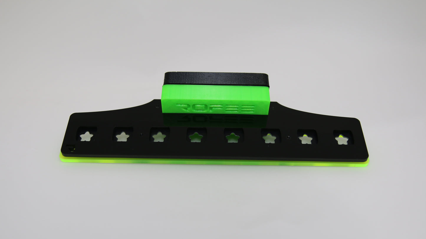 •“Top view of 8 plug coral frag rack with acrylic base”
•“Side view showing 3D printed inserts and acetate locks”
•“Mounted frag rack on aquarium glass”