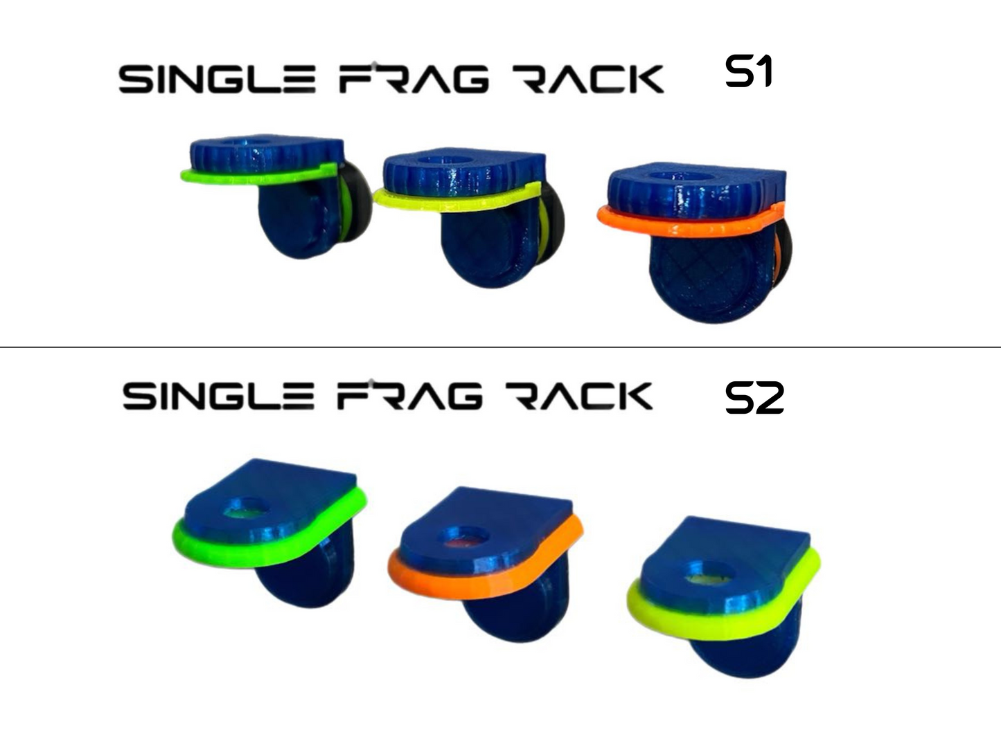•“Side view of S2 slim frag rack in green with angled slot”
•“Top view of 3-pack S2 coral frag racks”
•“Mounted S2 frag rack showing angled plug position”