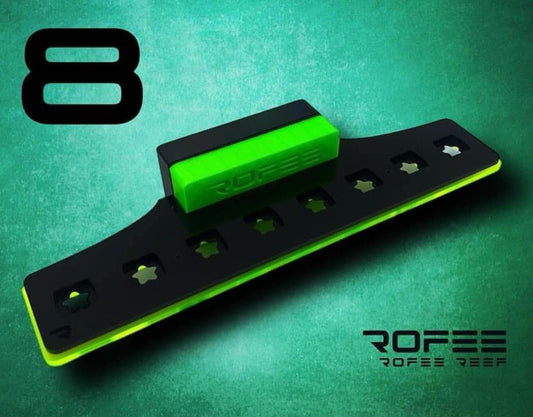 •“Top view of 8 plug coral frag rack with acrylic base”
•“Side view showing 3D printed inserts and acetate locks”
•“Mounted frag rack on aquarium glass”
