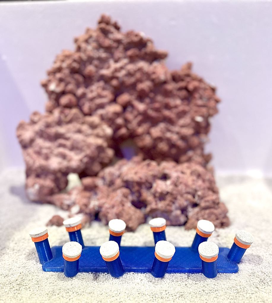 •“Frag Sand Stand holding coral plugs in sand bed”
•“3D printed coral plug holder in vibrant colors”•“Angled design of Frag Sand Stand for optimal coral placement”