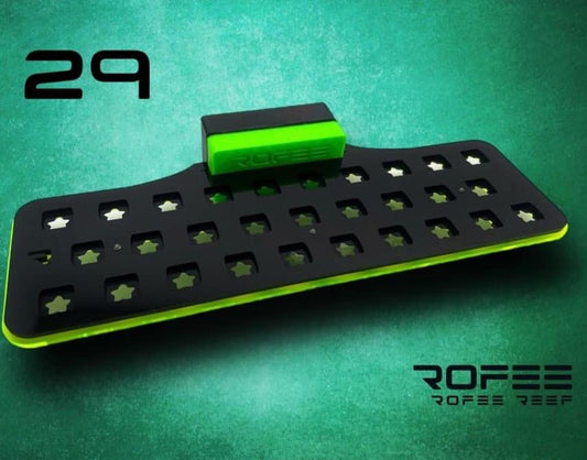 •“Top view of 29 plug coral frag rack with acrylic build”
•“Magnetic acrylic frag rack with locking insert”
•“Side view showing frag plug holes and color options”