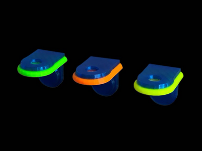 •“Side view of S2 slim frag rack in green with angled slot”
•“Top view of 3-pack S2 coral frag racks”
•“Mounted S2 frag rack showing angled plug position”