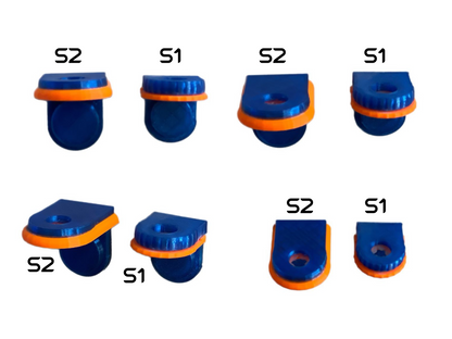 •“Side view of S2 slim frag rack in green with angled slot”
•“Top view of 3-pack S2 coral frag racks”
•“Mounted S2 frag rack showing angled plug position”
