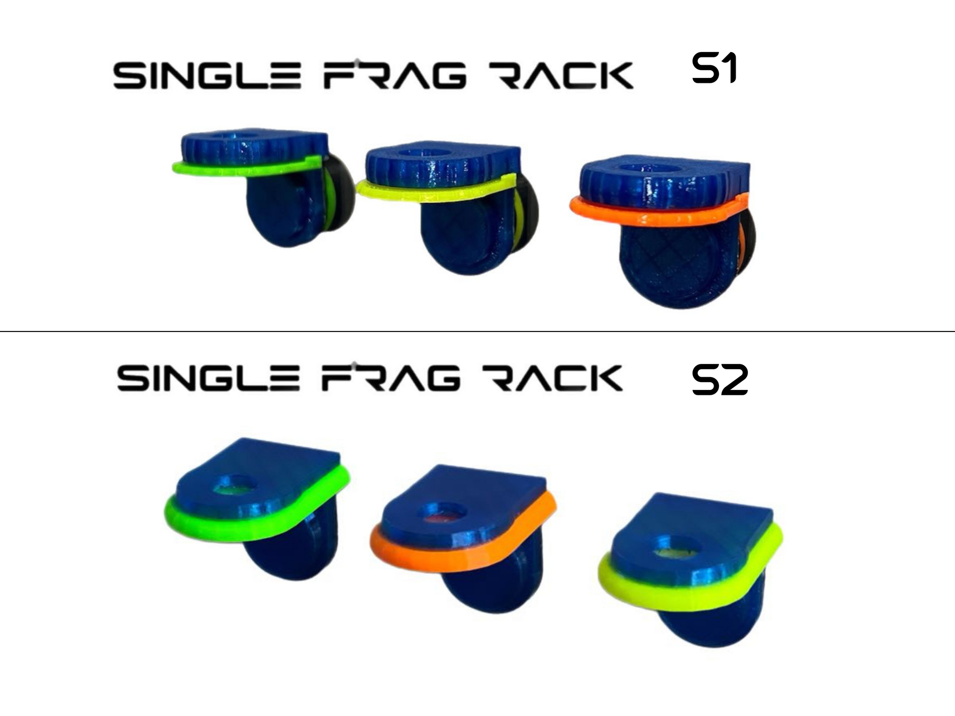 •“Side view of S2 slim frag rack in green with angled slot”
•“Top view of 3-pack S2 coral frag racks”
•“Mounted S2 frag rack showing angled plug position”